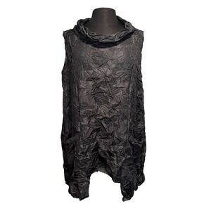 Sun Kim Crushed Sleeveless Cowl Neck Tunic Top Asymmetrical Hem Large Black Gray